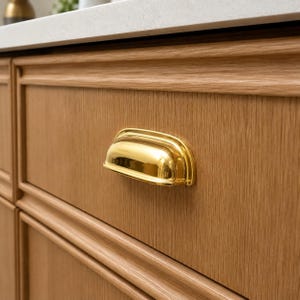 May include: A polished gold-toned metal cup pull handle mounted on a light brown oak wood drawer front. The handle features a smooth, rounded, semi-circular design with a reflective finish, attached to a cabinet with a raised frame detail.
