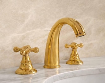 Unlacquered Brass Indiana Widespread Faucet, 3-Hole Bathroom Sink Faucet with Pop-Up Drain