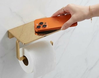 Unlacquered Brass Toilet Paper Holder with Shelf: Vintage Bathroom Decor