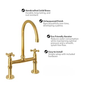 Puede incluir: Un grifo de puente de lat&oacute;n macizo con dos mandos en cruz y un ca&ntilde;o alto. Las etiquetas de texto destacan las caracter&iacute;sticas: Handcrafted Solid Brass, Unlacquered Finish, Eco Friendly Aerator y Easy to install with included hardware.