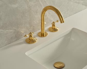 Unlacquered Solid Brass Widespread Bathroom Faucet – Vanity Sink Faucet with Pop-Up Drain
