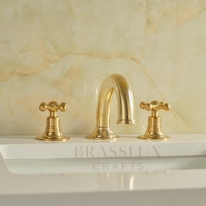 Unlacquered Brass Bathroom Faucet: Two Handle, 3-Hole Widespread with Pop-Up Drain