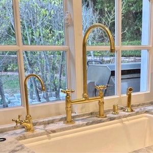 Unlacquered Brass Bridge Kitchen Faucet: 8-Inch with Side Sprayer