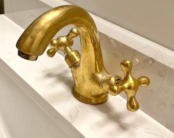Unlacquered Brass Bathroom Faucet: Single Hole, Cross Handles, Pop-Up Drain