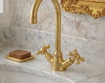 Unlacquered Brass Single-Hole Vessel Sink Bathroom Faucet – Solid Brass Vanity Faucet