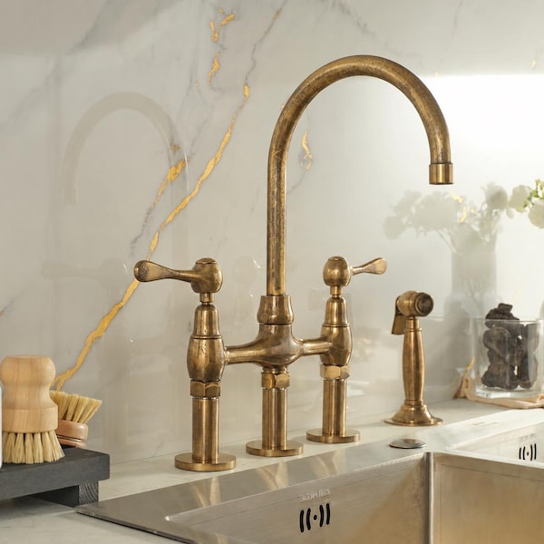 Unlacquered Brass Bridge Kitchen Faucet with Side Sprayer