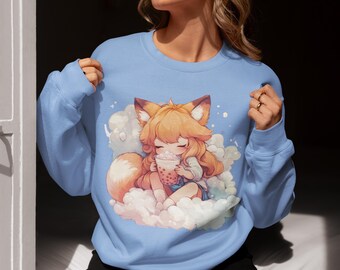 May include: Light blue sweatshirt featuring a cartoon fox girl with orange hair and a fluffy tail, holding a drink with a straw. The graphic is set against a cloud background. The sweatshirt has long sleeves and a crew neck.