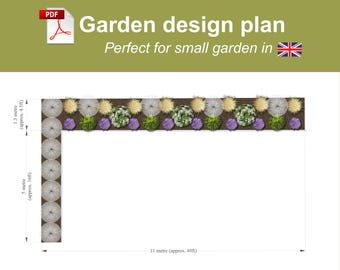 May include: A garden design plan with dimensions labeled in feet and meters. The plan includes a variety of plants and shrubs, with a total length of approximately 40 feet. The text "Garden design plan" is displayed at the top.