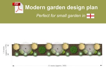 May include: A modern garden design plan, featuring a top-down view of a rectangular garden bed. The design includes various plants, with a total length of approximately 36 feet and a width of approximately 4.5 feet. The plan is labeled "Modern garden design plan".