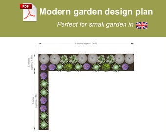 May include: A modern garden design plan, featuring a top-down view of a small garden layout. The plan includes measurements of 26 feet in length and 15 feet in width, with various plant illustrations. The text reads "Modern garden design plan."