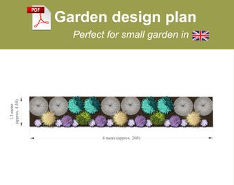 May include: A garden design plan with a top-down view of a garden bed. The plan shows a variety of plants, including round, gray-colored plants, teal-colored plants, and purple and yellow flowering plants. The garden bed is 26 feet long and 4.5 feet wide.
