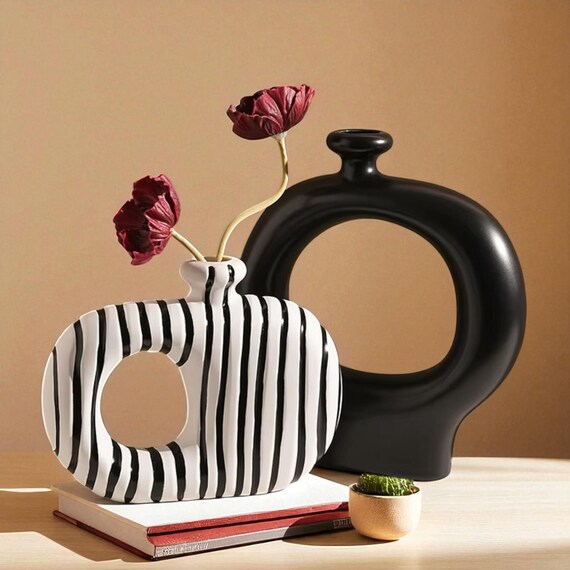 Vase Modern Striped Ceramic Flower Flower for Home Decor Large Floor Handmade Home Decorative for Living Room Office Wedding Gifts Ornament (Color : W : Flower Vases Decorative Ceramic Vase Modern Red and