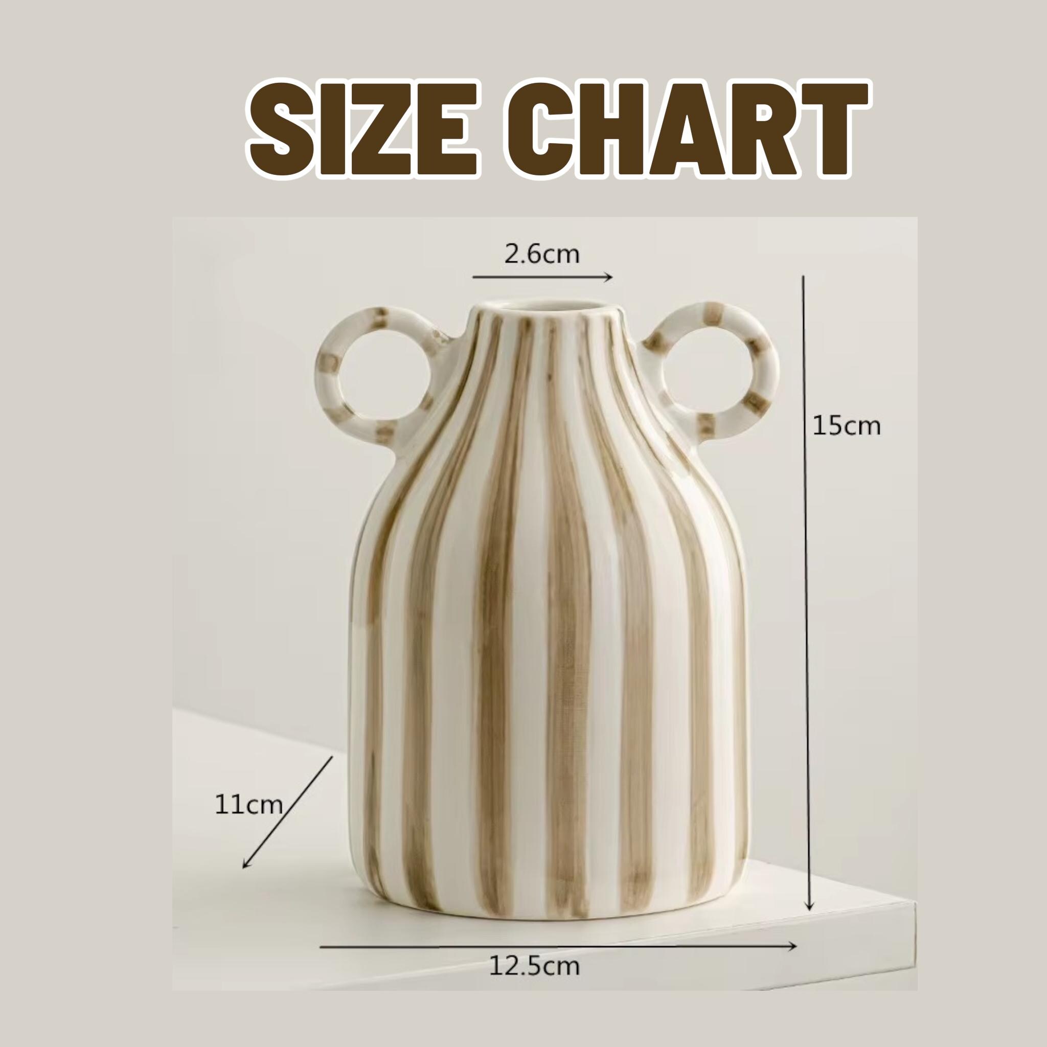 陶器製 陶器製 花器 取っ手付き 茶色と白のストライプ 花器 取っ手付き