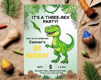 Three-Rex Dinosaur Birthday Invitation: Jungle Theme, Editable (PDF/PNG Digital Download