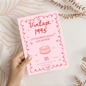 Retro 30th Birthday Invitation: Pink Hearts, Editable Digital Download