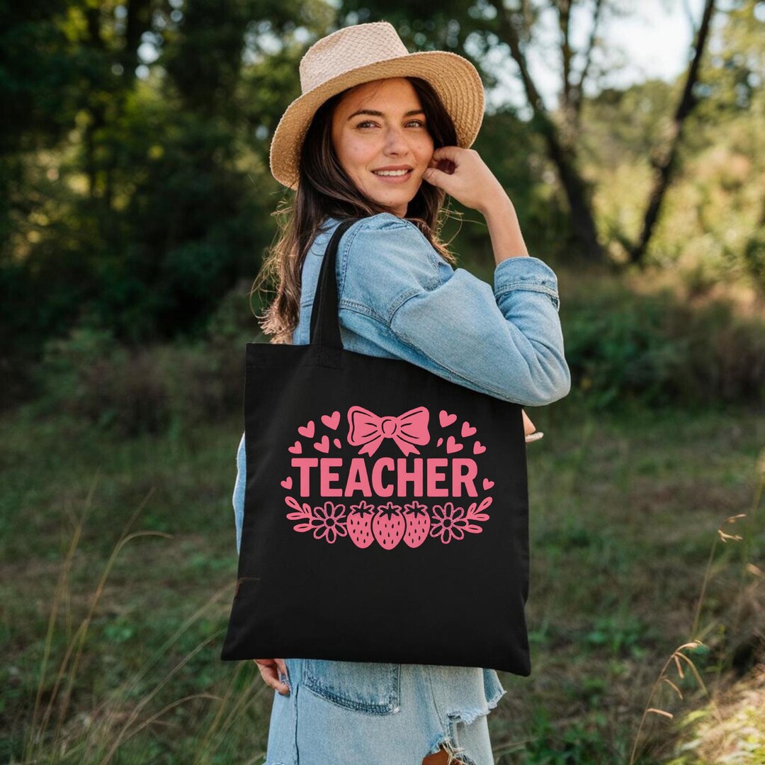 Cute Teacher Tote Bag, Pink Strawberry Floral Bow Design, Gift for ...