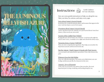 May include: A digital illustration of "The Luminous Jellyfish Azure" on a tablet. The image features a smiling blue jellyfish with a detailed underwater scene. Accompanying instructions are also visible.