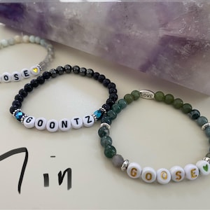 Goose 1-Amazonite and Labradorite Goontz-Hematite and Blue Goldstone Goose 2-Jade, Green Moss Agate, and Labradorite