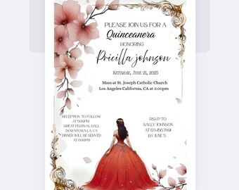 May include: A quinceañera invitation featuring a watercolor illustration. The design includes floral accents, gold filigree, and a young woman in a red gown. The invitation text includes the honoree's name, date, time, and location.