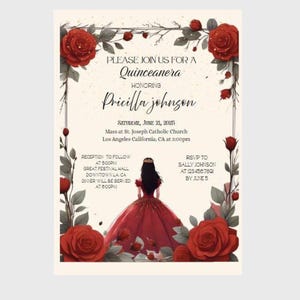Quinceanera Invitation- Red Dress, Gold Accents, Roses, Vestido de quinceanera rojo con acentos de oro, rosas.