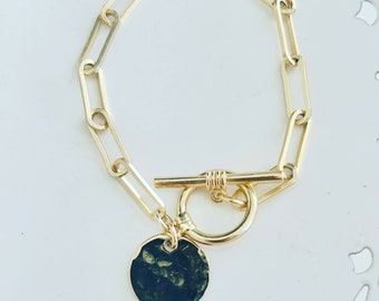 Gold Paperclip Chain Bracelet with Hammered Disk Charm