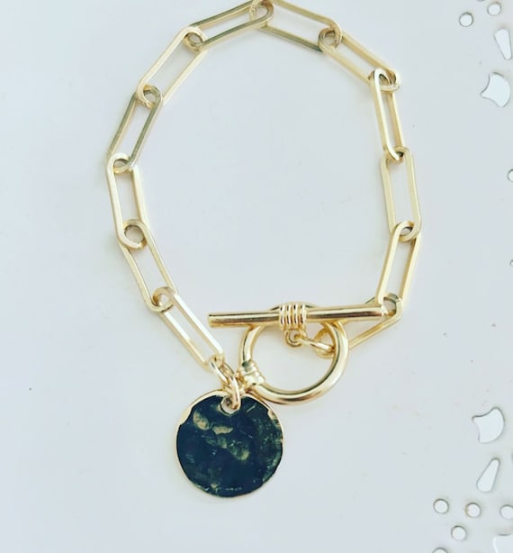 Gold Paperclip Chain Bracelet with Hammered Disk Charm