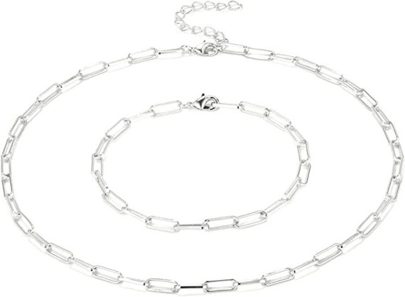 Silver Paperclip Chain Necklace and Bracelet Set