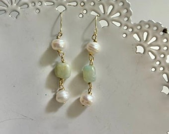 Freshwater Pearl and Amazonite Beachy Drop Earrings