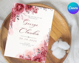 Blush Burgundy Blumenhochzeitseinladungs-Set| Bearbeitbare Canva Vorlage