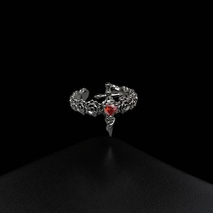 Gothic Sec1 Cross Ring with Red Gemstone Irregular Dark Style Adjustable Open Ring Fashion Statement Jewelry for Women Stacking or Gift