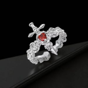 Gothic Sec3 Cross Ring with Red Gemstone Irregular Dark Style Adjustable Open Ring Fashion Statement Jewelry for Women Stacking or Gift