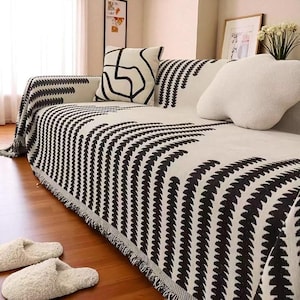 Boho Black & White Sofa Cover – Woven Chenille Couch Throw with Geometric Fringe | Modern Nordic Sofa Towel for All Seasons and Home Decor