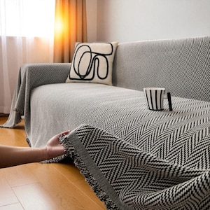 Modern Herringbone Sofa Cover – Minimalist Cotton Couch Slipcover | All-Season Decorative Throw Blanket for Living Room Protection