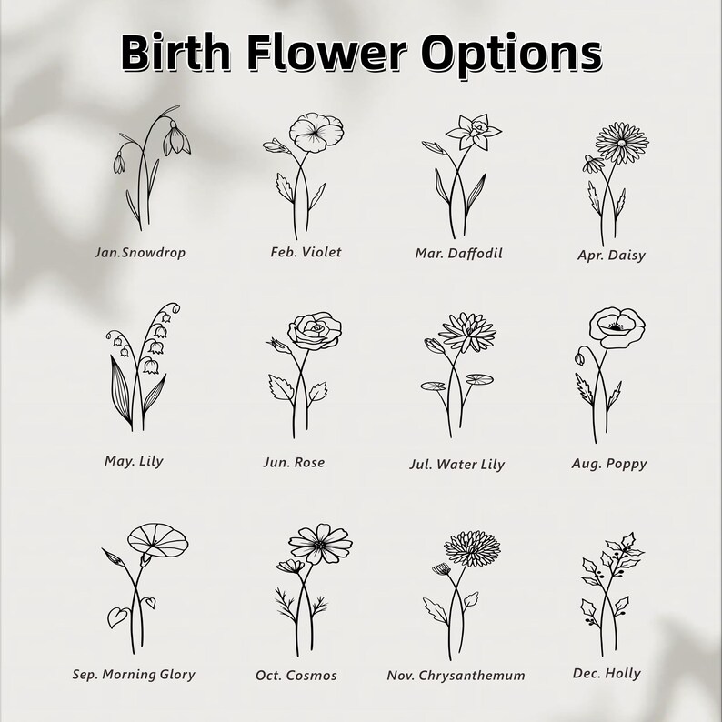 K&ouml;nnte beinhalten: Grafische Darstellung von zw&ouml;lf Geburtsblumen, jeweils mit Monat und Blumenname. Die Blumen sind Schneegl&ouml;ckchen, Veilchen, Narzissen, G&auml;nsebl&uuml;mchen, Maigl&ouml;ckchen, Rosen, Seerosen, Mohnblumen, Prunkwinden, Kosmeen, Chrysanthemen und Stechpalmen. Der Text lautet 'Geburtsblumen-Optionen'.