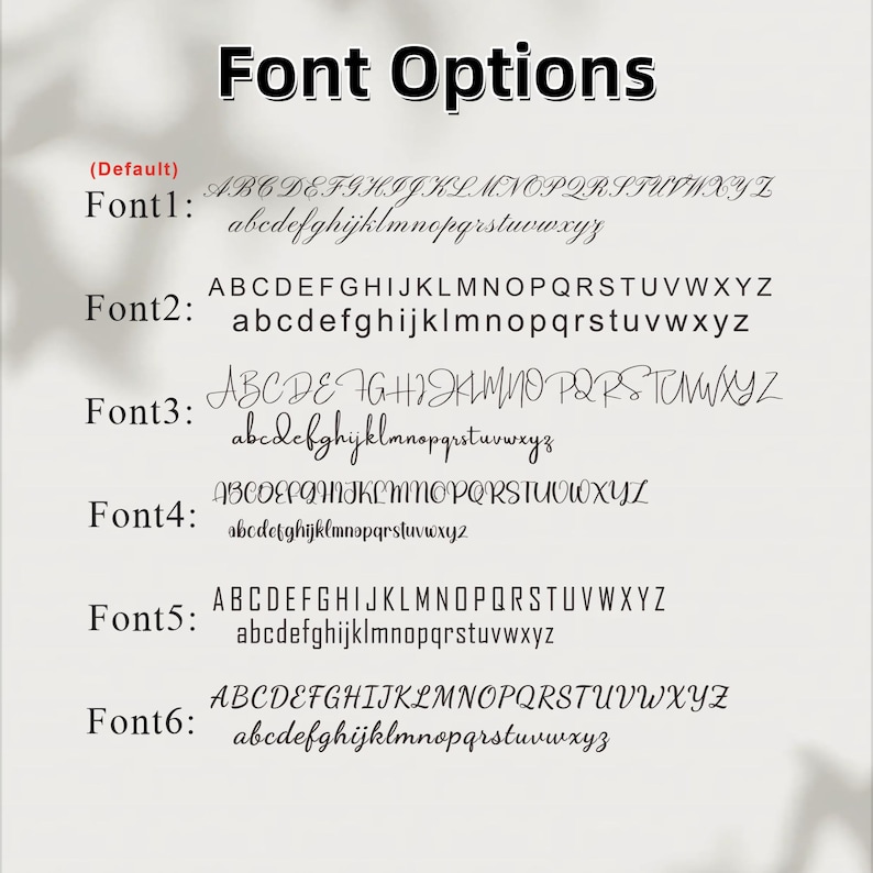 K&ouml;nnte beinhalten: Grafik mit Schriftoptionen f&uuml;r Textdesign. Der Titel "Font Options" steht oben. Sechs verschiedene Schriftarten werden angezeigt, jede mit Gro&szlig;- und Kleinbuchstaben. Die Standardschriftart ist zuerst aufgef&uuml;hrt.