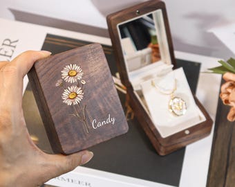 Personalized Wooden Jewelry Box with Name and Birth Flower Custom Keepsake,Birth Flower Jewelry Box,Birthday Gift for Her,Personalized Gift