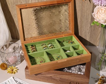 Engravable Wooden Jewelry Box with glass lid,Vintage Jewelry Organizer,Wedding Gift for Her,Personalized Gift for Mom,Mother's Day gift