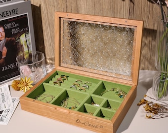 Personalisierte Kirschholzglasschmuckschatulle, Frauenohrring-Organisator, Schmuckorganisator-Aufbewahrung, Hochzeitsgeschenk-Valentinstaggeschenke Her
