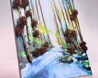 3D Forest River Painting: Mixed Media Wall Art with Pinecones