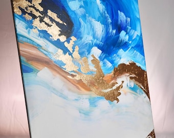 Original Abstract Ocean Painting: Blue & Gold Leaf Acrylic Canvas
