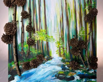 3D Forest River Painting with Pinecones | Mixed Media Wall Art, Textured Nature Artwork
