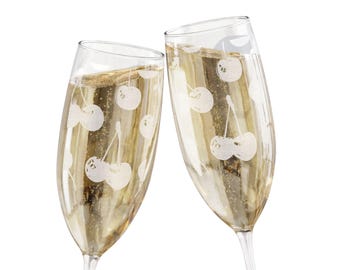 Girl & Cat Champagne Glass / Etched Cherry Design / Artistic Champagne Flute