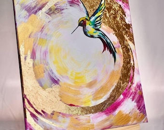 Golden Hummingbird – Original One-of-a-kind Acrylic Painting with Gold Leaf | Symbol of Lightness & Freedom