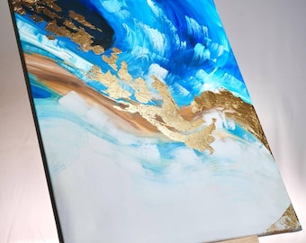 Original Abstract Ocean Painting Blue & Gold Leaf Acrylic Canvas, Hand-Painted Wall Art