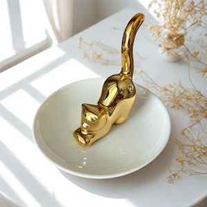 Golden Cat Ring Holder Ceramic Tray – Cute Kitty Tail Dish for Rings, Jewelry, Trinkets & Decor – Stylish Storage Organizer