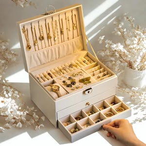 May include: A white jewelry box with multiple compartments, filled with gold necklaces, rings, earrings, and a wristwatch. The box is open, revealing various jewelry pieces. The box has a handle and a clasp.