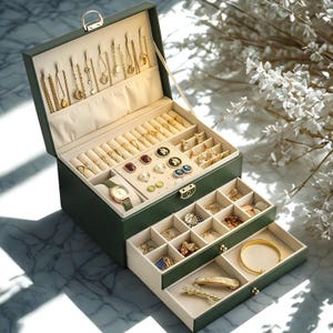Peut inclure: Une boîte à bijoux vert foncé ouverte, révélant plusieurs compartiments et tiroirs remplis de colliers, bagues, boucles d'oreilles, bracelets et une montre-bracelet dorés. L'intérieur est doublé de tissu crème.