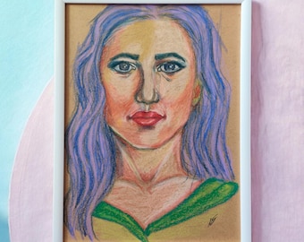 Retrato femenino original dibujado al pastel al óleo – Arte figurativo moderno
