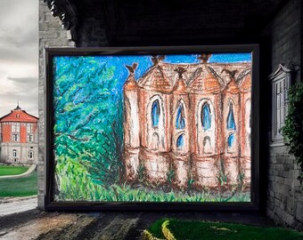 Dipinto originale a pastello morbido, arte murale architettonica, disegno impressionista incorniciato, piccolo paesaggio artistico