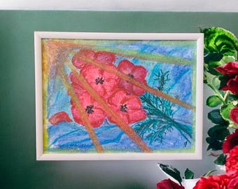Original Soft Pastel Poppy Painting - Vibrant Floral Wall Art with Sunbeams